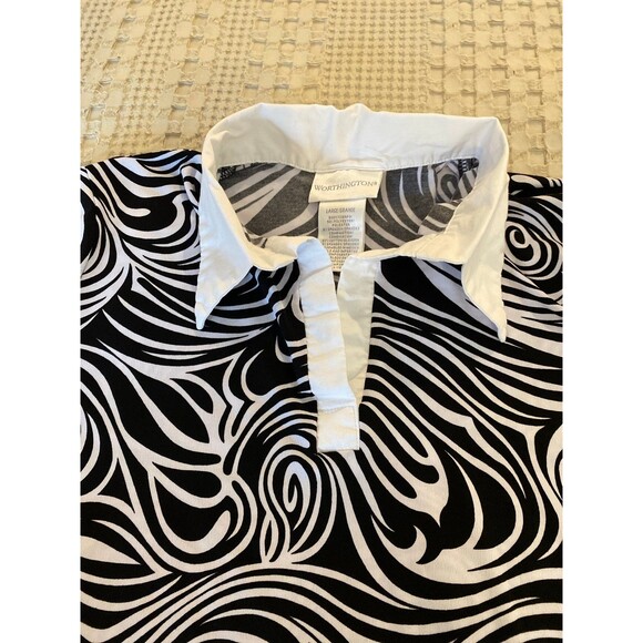 Worthington Blouse Sz Large Abstract Black & White Print Collared Top + Stretch - Picture 11 of 11